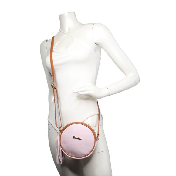 Valentina Italia Pink Small Circle Crossbody Bag Adjustable Strap Luxury Leather - Picture 3 of 12